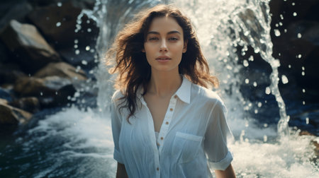 Woman Standing in Water With Hair Blowing in Windの素材