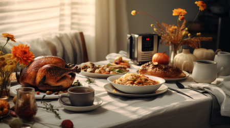 Table Topped With Plates of Food and a Turkeyの素材
