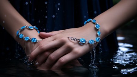 Womans Hands Holding Bracelet in the Waterの素材