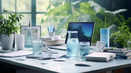 Table Topped With Laptop Computer Next to Plantの素材