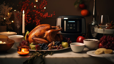 Turkey Sitting on Table Surrounded by Various Foodsの素材