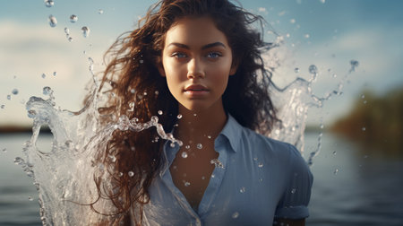 Woman Standing in Water With Hair Blowing in Windの素材