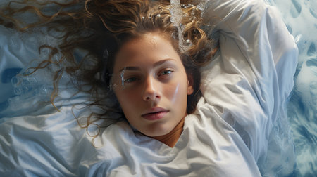 Woman Lying on Water-Covered Bedの素材