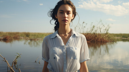 Woman Standing in Water With Hair Blowing in Windの素材