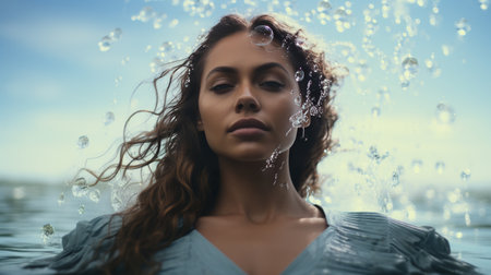 Woman Standing in Water With Her Eyes Closedの素材