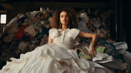 Woman in White Dress Sitting on Pile of Paperの素材