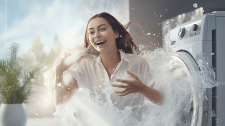 Woman Washing Clothes in Washing Machineの素材