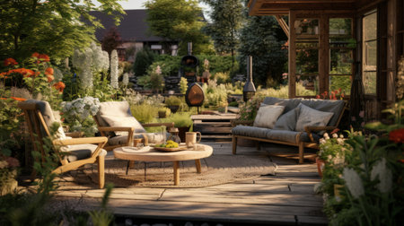 A Couch Rests on a Wooden Deckの素材