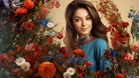 Woman Standing in Front of a Bunch of Flowersの素材