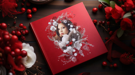 Red Book With Picture of Woman Surrounded by Flowersの素材