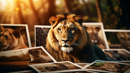 Lion Surrounded by Photos of Other Animalsの素材