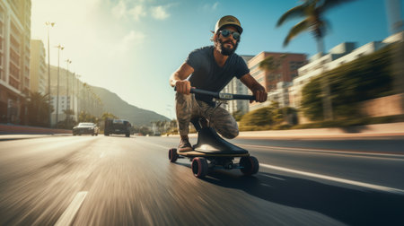 Man Riding a Skateboard Down a Streetの素材
