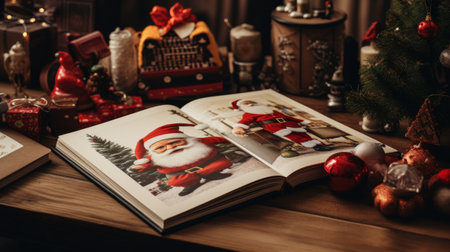 Open Book on Table With Christmas Decorationsの素材