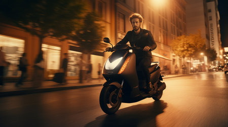 Man Riding Motorcycle Down Night Streetの素材