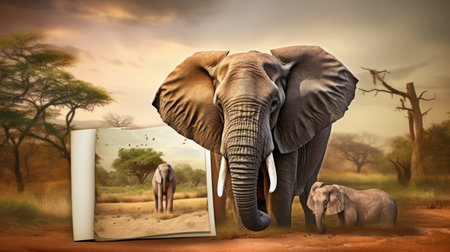 A Painting of an Elephant and Two Baby Elephantsの素材