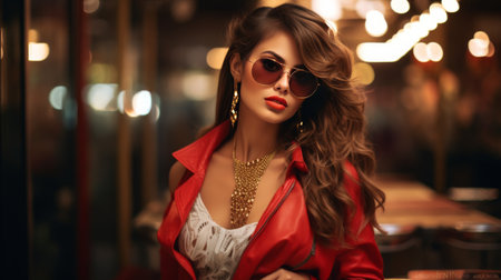 Woman in Red Coat and Sunglasses Sitting in a Closetの素材
