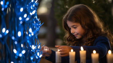 Little Girl Lighting a Candle With Blue Lightsの素材