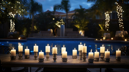 Wooden Table Adorned With White Plates and Candlesの素材