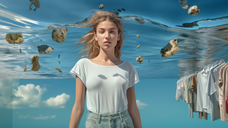 Woman With Curly Hair Standing Underwaterの素材