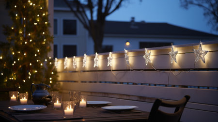 Wooden Table Adorned With White Plates and Candlesの素材