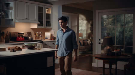 Man Standing in Kitchen Next to Tableの素材