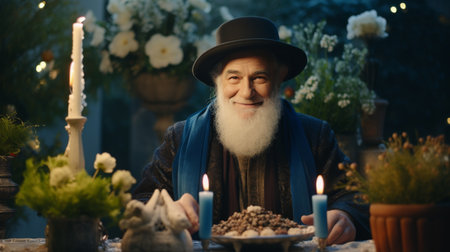 A Man With a Long White Beard Sitting at a Table With a Plate of Foodの素材