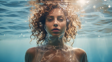 Woman With Curly Hair Standing Underwaterの素材