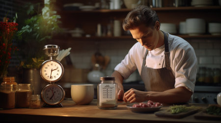 Man Preparing Food in Kitchen Next to Clockの素材