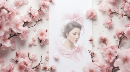 Drawing of a Woman Surrounded by Pink Flowersの素材