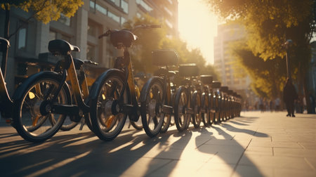 A Row of Bicycles Parked on a Sidewalkの素材