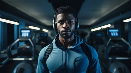 Man Wearing Headphones Standing in Gymの素材
