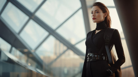 Woman in a Black Dress Standing in Front of a Windowの素材