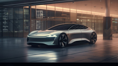 Futuristic Car Parked in Front of Buildingの素材