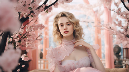 Drawing of a Woman Surrounded by Pink Flowersの素材