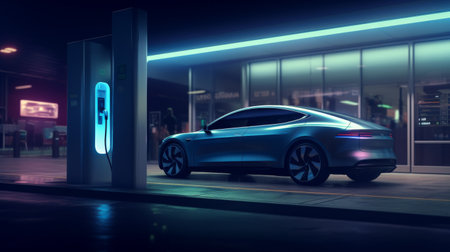 Futuristic Car Parked in Front of Buildingの素材