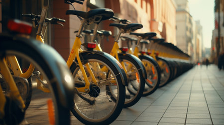 A Row of Bicycles Parked on a Sidewalkの素材