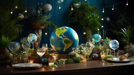 Room With Globe Surrounded by Greenery and Candlesの素材