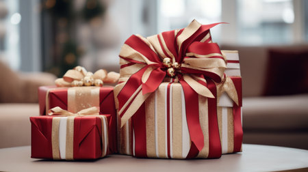 A Christmas Present Wrapped in Red Ribbon Next to a Christmas Treeの素材