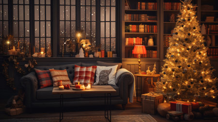 A Living Room Filled With Furniture and a Christmas Treeの素材