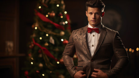 Man in Suit Standing Next to Christmas Treeの素材