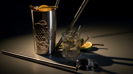 Metal Cup With Straw and Glass With Drinkの素材