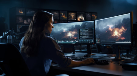 Woman Sitting in Front of Two Computer Monitorsの素材