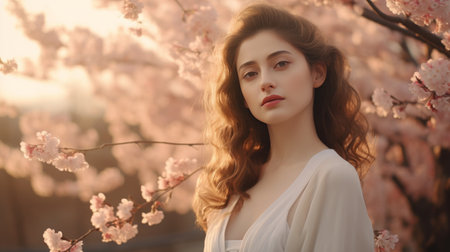 Woman Standing in Front of Tree With Pink Flowersの素材