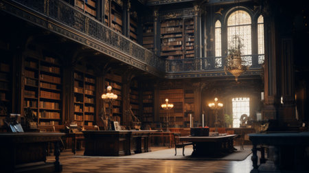 A Glance Inside a Vast Library With Multiple Bookshelves and Tablesの素材