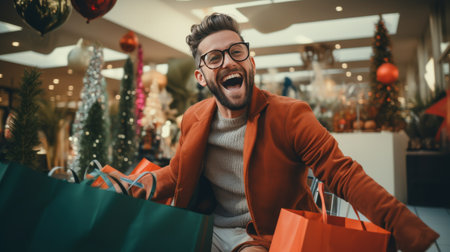 Man in Red Jacket With Glasses Holding Shopping Bagsの素材