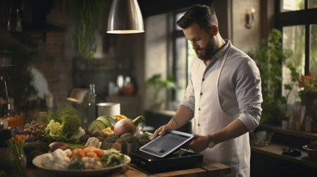 Man Preparing Food on Top of Wooden Tableの素材