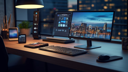 Desktop Computer on Wooden Deskの素材