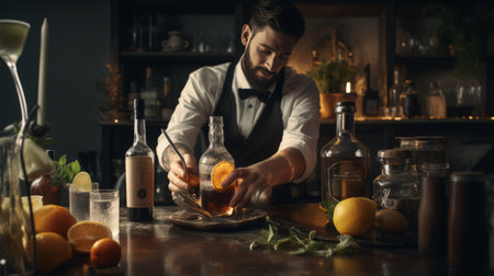 Man in Bow Tie Preparing Drinkの素材