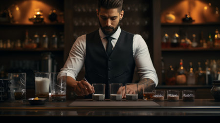Man in Vest and Tie Standing at a Barの素材