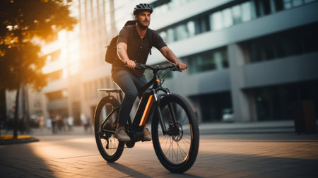 Man Riding Bike on City Streetの素材